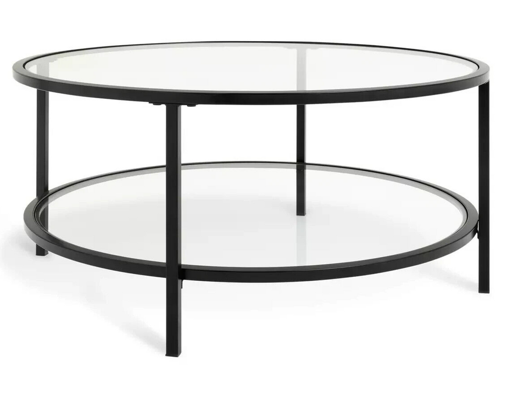Home Boutique Round Coffee Table - Black | Glass Top Modern Living Room Table