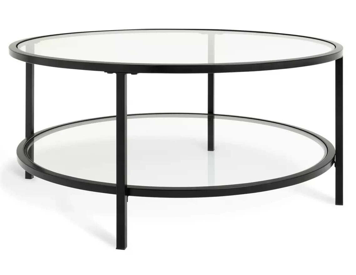 Home Boutique Round Coffee Table - Black | Glass Top Modern Living Room Table