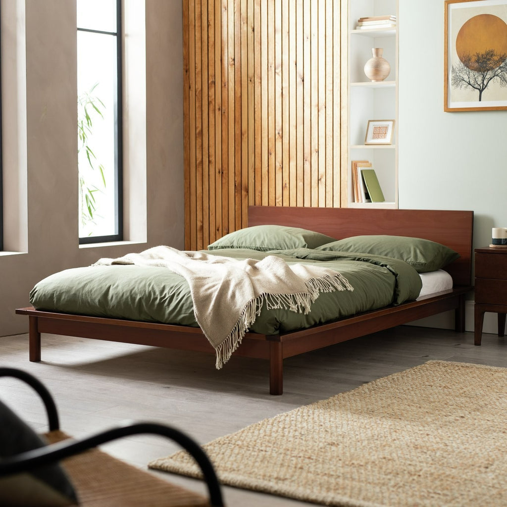 Akio Small Double Wooden Platform Bed Frame - Walnut | Small double platform bed