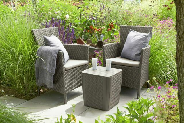 Keter Iowa 2 Seater Rattan Effect Garden Bistro Set Cream | Outdoor Patio Set